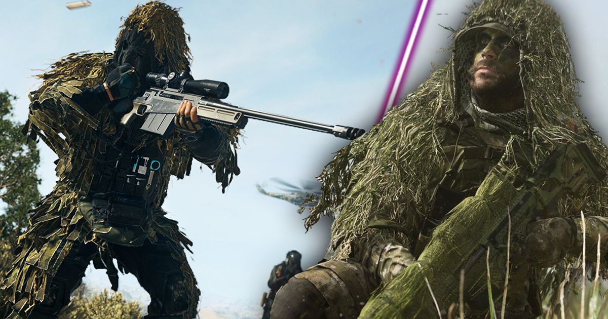 Warzone 2 player wearing ghillie suit holding sniper