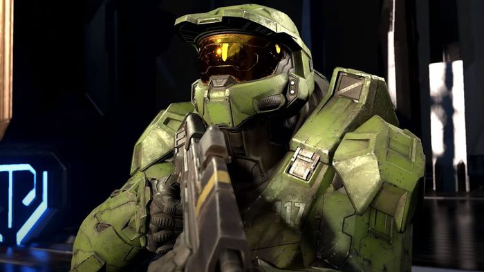 Master Chief is holding a gun.
