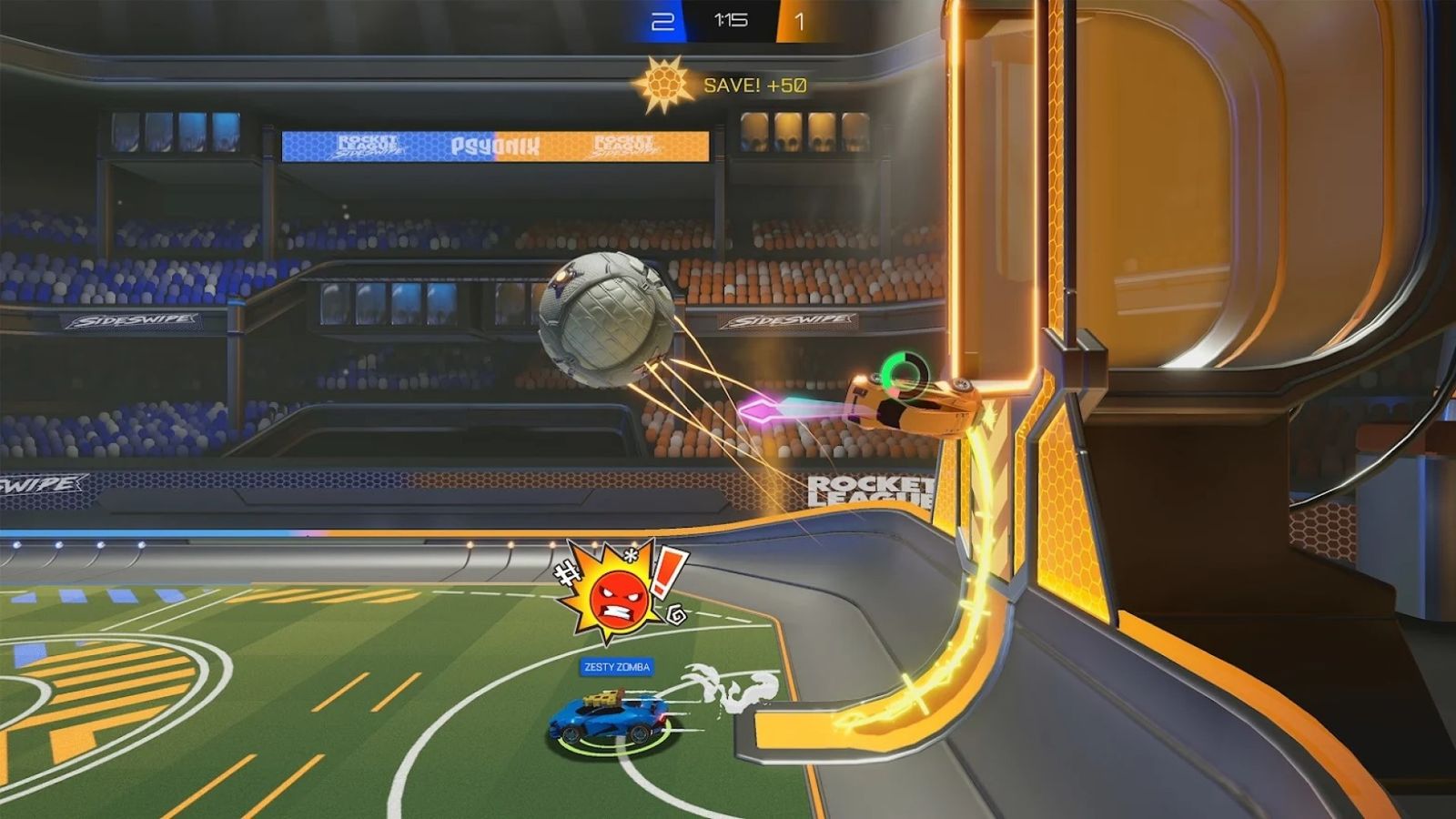 A screenshot of Rocket League Sideswipe featuring an air roll move.