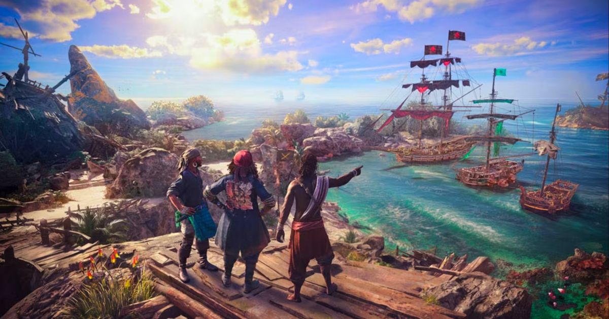 Three pirates surveying a small fleet of ships in Skull and Bones