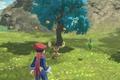 A Pokémon Trainer and their Lopunny farming for resources and materials from a tree in Pokémon Legends: Arceus. 