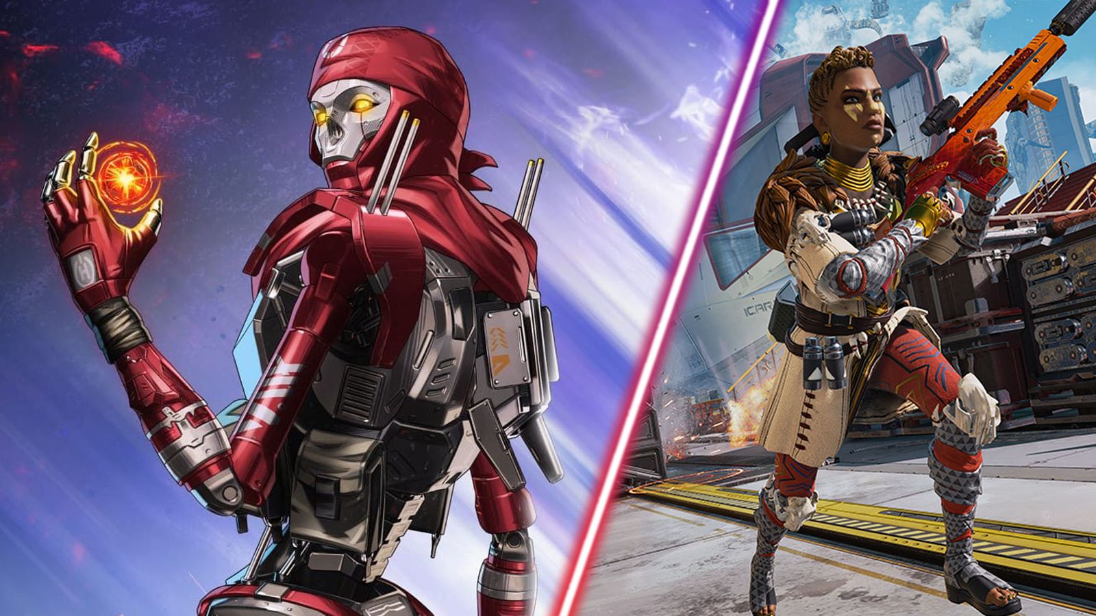 Screenshot of Apex Legend player holding an orange orb and Apex Legends player running while pointing rifle upwards