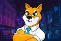 Shiba Inu Coin mascot stood in middle of a dark blue, blurred city street at night