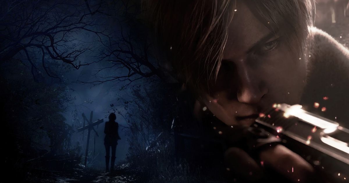 resident evil 9 graphic of leon kennedy aiming gun close up and silhouette on left