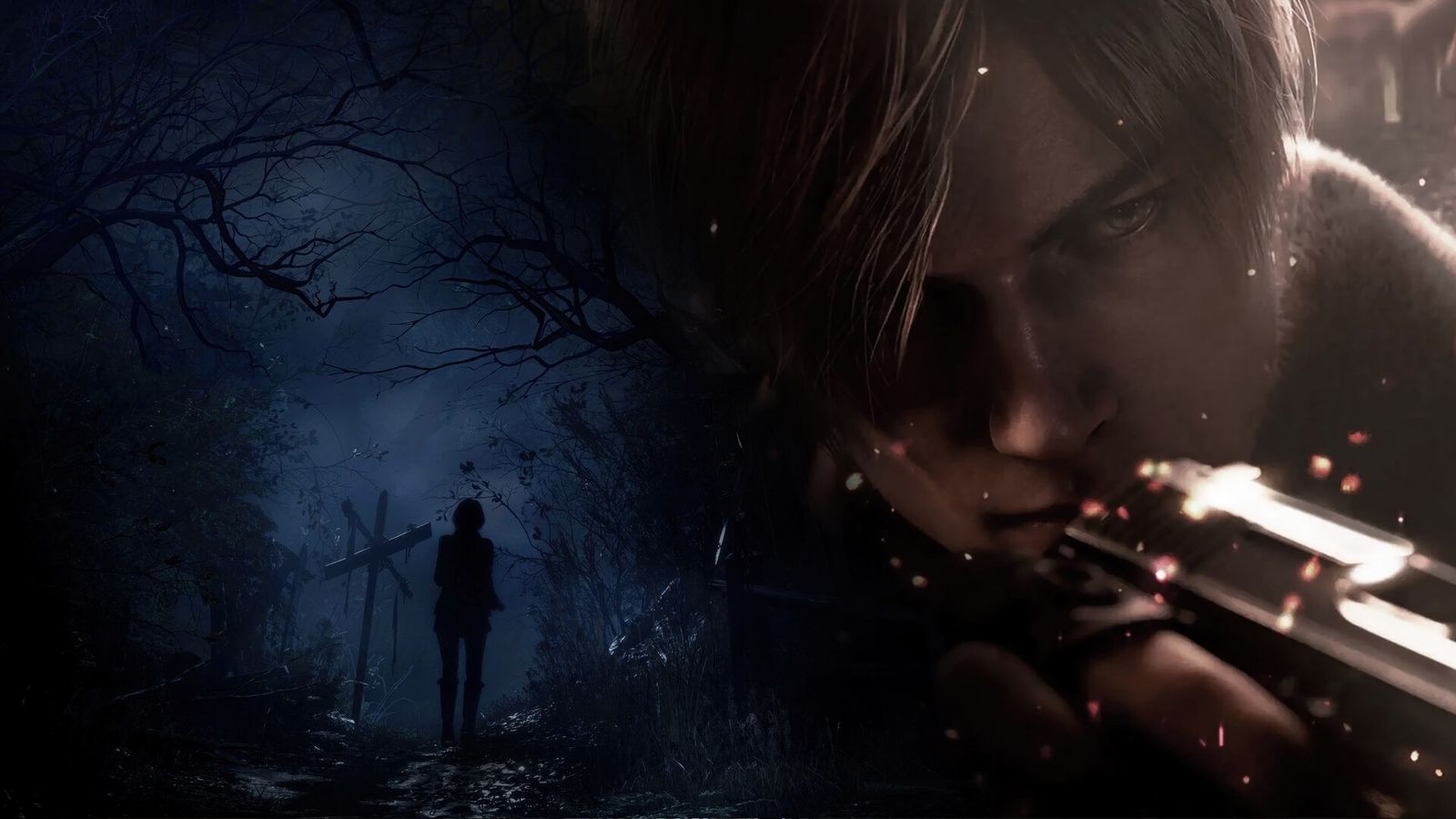 resident evil 9 graphic of leon kennedy aiming gun close up and silhouette on left