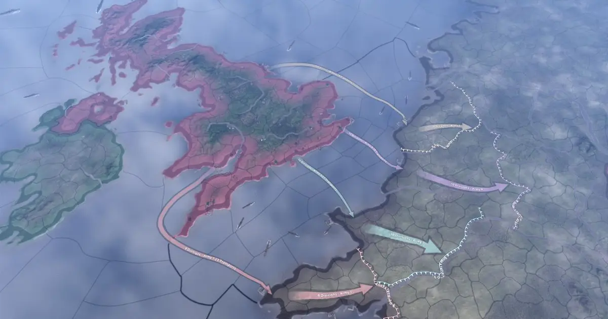 Hearts of Iron 4 Map, που δείχνει το Ηνωμένο Βασίλειο που εισβάλλει στη Γαλλία