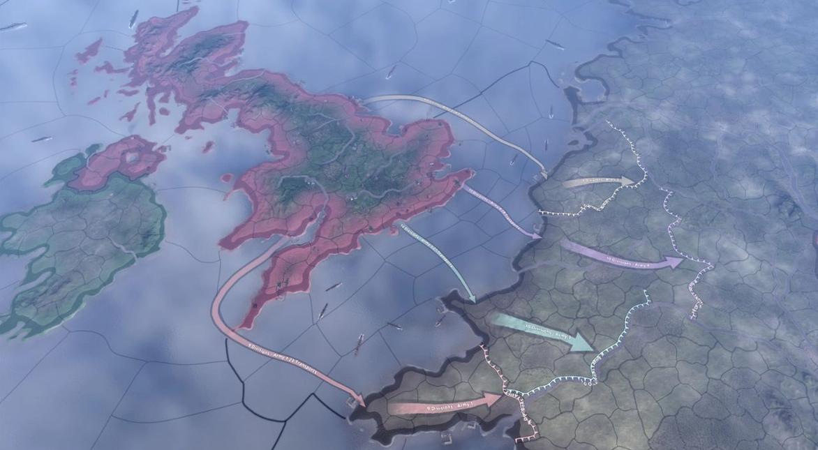 Hearts of Iron 4 map, showing the United Kingdom invading France.