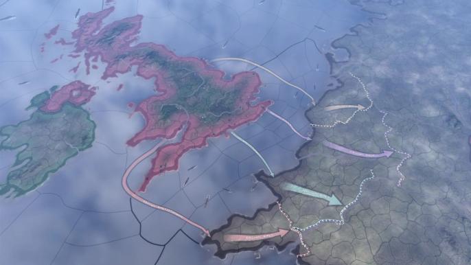 Hearts of Iron 4 map, showing the United Kingdom invading France.