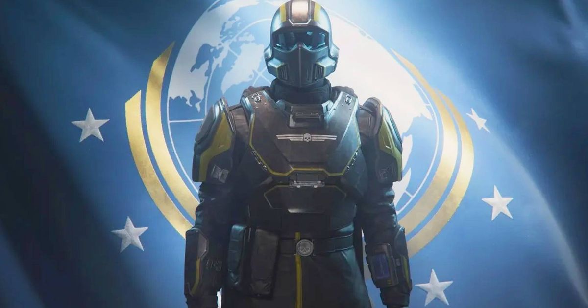 Helldivers 2 character standing in front of a flag