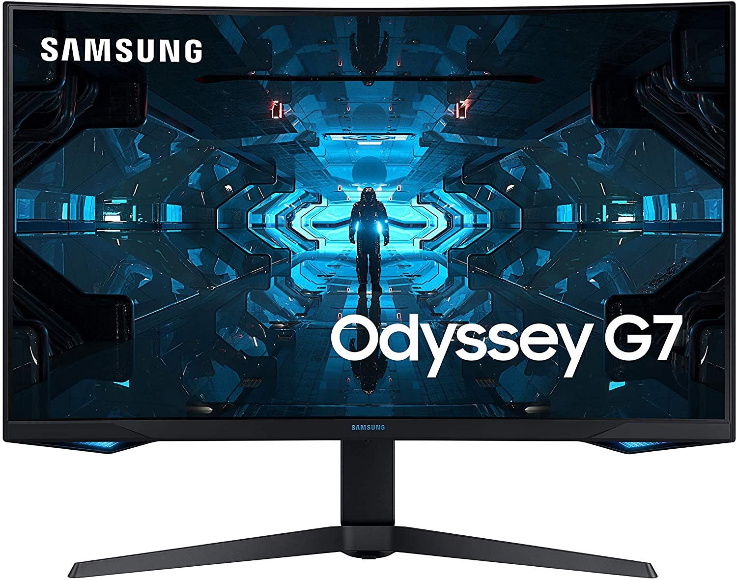Samsung Odyssey G7 product image of a curved black monitor with a Sci-Fi walkway lit up in blue on the display.
