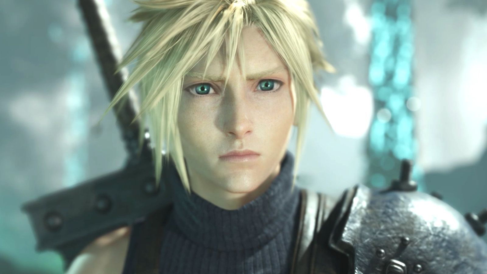 A close up of Cloud Strife looking concerned 