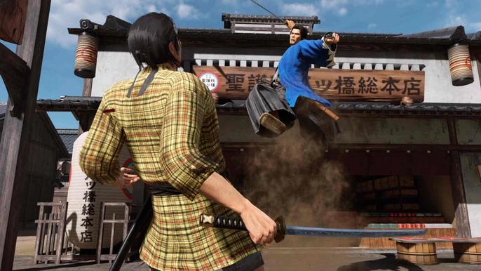 Ryoma pulls off a heat action with his sword in Like a Dragon: Ishin.
