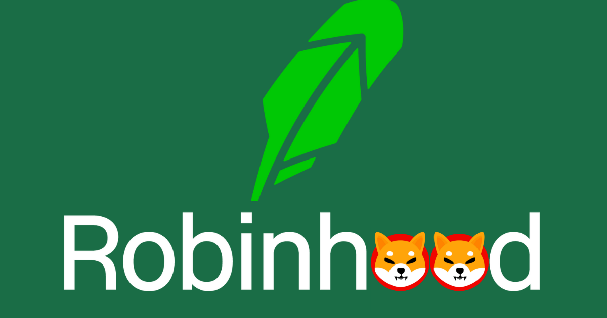 Robinhood Logo above Robinhood word, with SHIB logo's replacing the letter 'o' in the word.