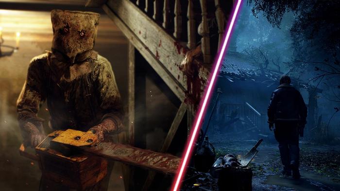 Resident Evil 4 Remake's Leon and a chainsaw-wielding enemy.