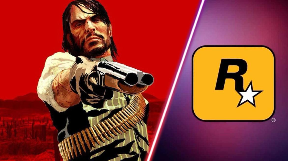 Screenshot of Red Dead Redemption John Marston holding a shotgun and Rockstar Games Logo on a purple background