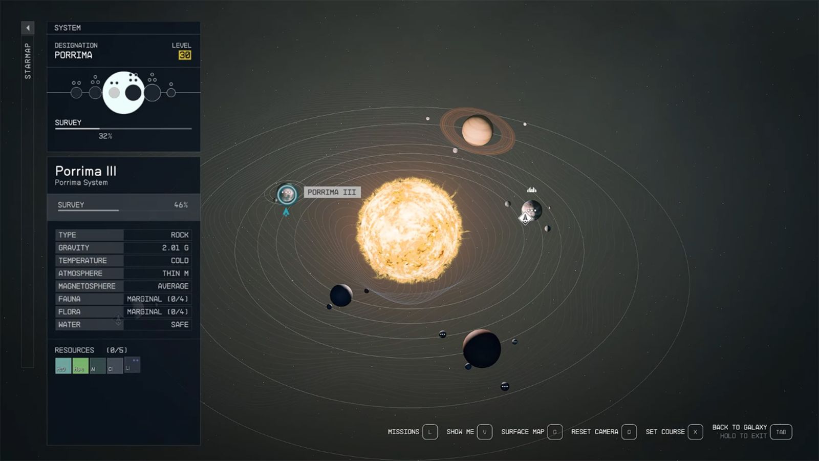 A screenshot of the Porrima Star System in Starfield.
