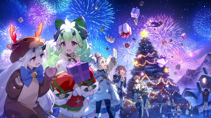 Screenshot from Epic Seven, showing a range of anime characters dressed with a Christmas theme.