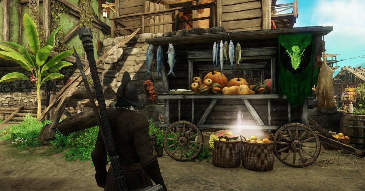 A player looking over a food cart, filled with fruit and vegetables.