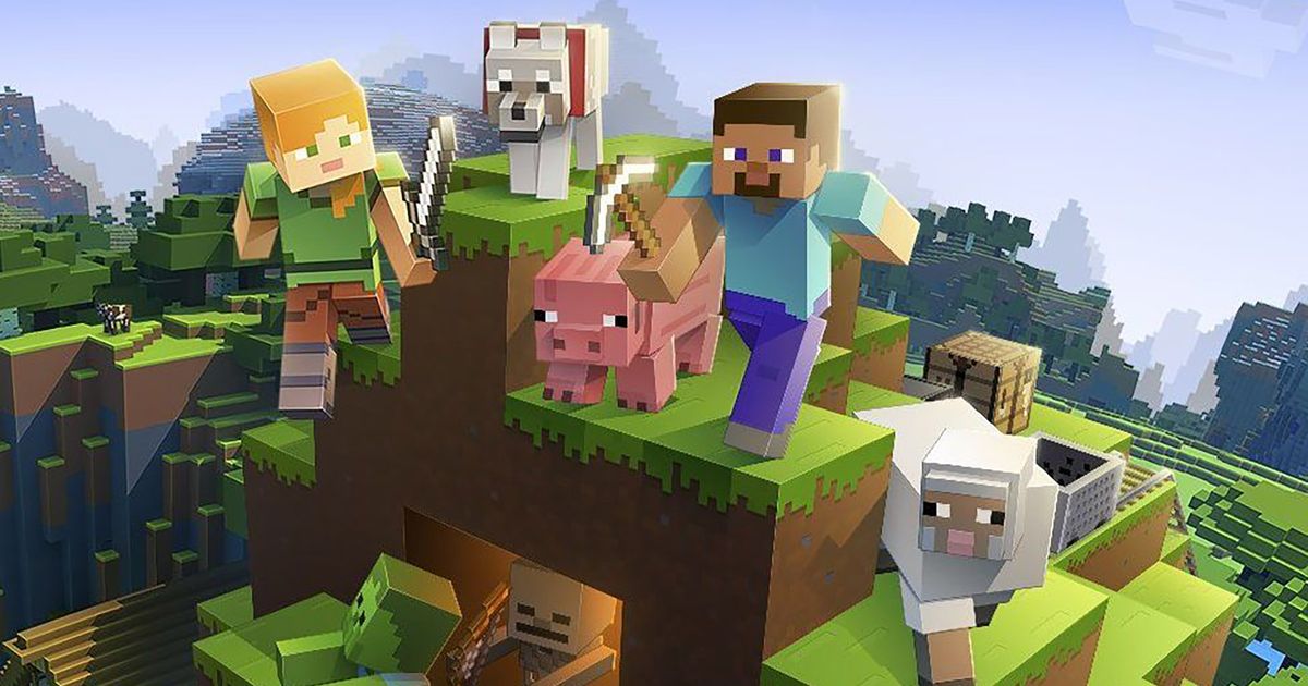 Minecraft players holding sword and pickaxe next to pig, sheep, and wolf