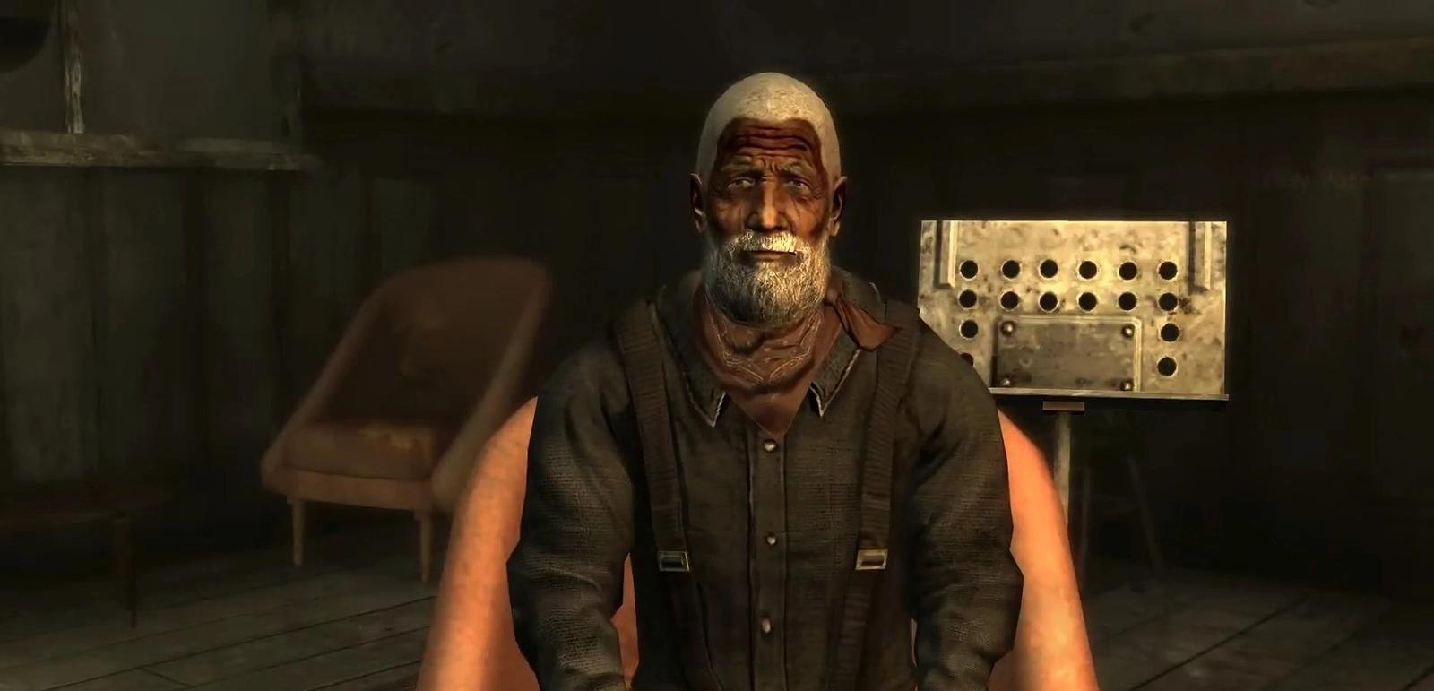 A screenshot of Easy Pete as Doc Mitchell in Fallout New Vegas.