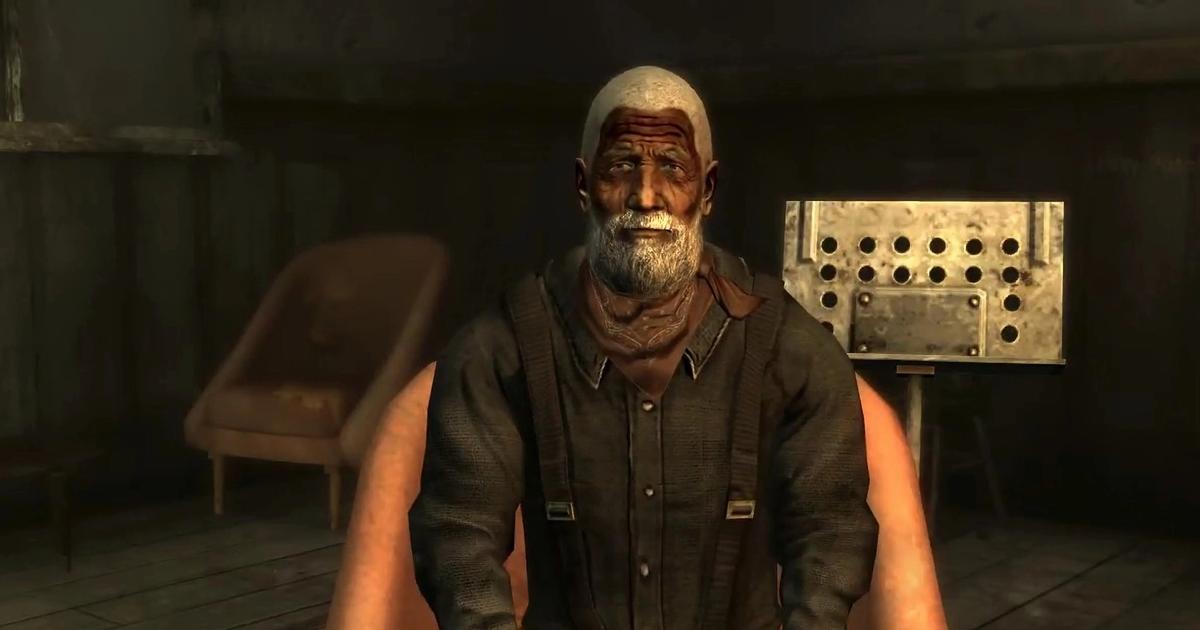 A screenshot of Easy Pete as Doc Mitchell in Fallout New Vegas.