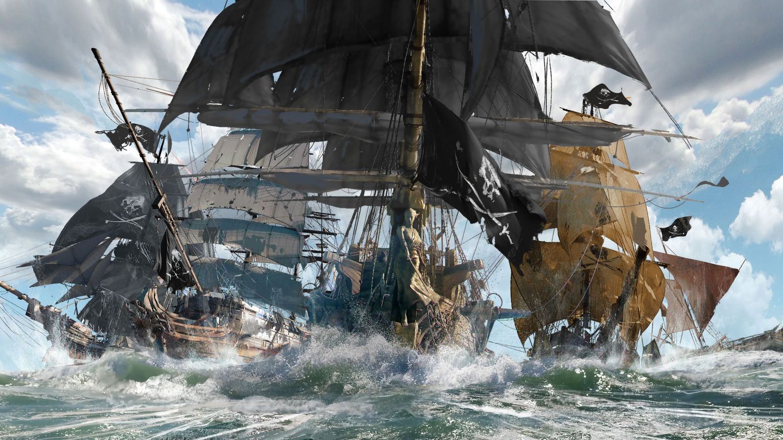 Skull and Bones ships sailing close together in rough seas