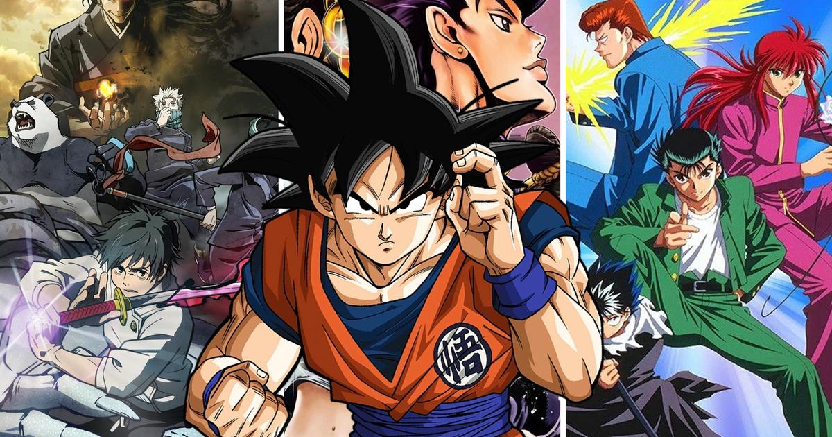 Goku, from Dragonball Z, stands in front of three other anime; Jujutsu Kaisen, Jojo's Bizarre Adventures and Yu Yu Hakusho