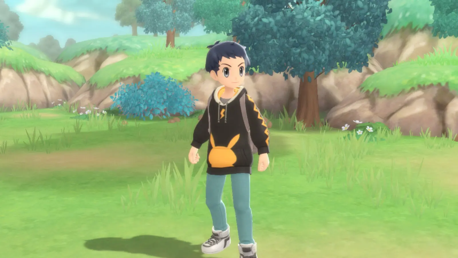 A Pokémon Trainer wearing the Pikachu Hoodie Style outfit, purchased from Metronome Style Shop of Veilstone City in Pokémon Brilliant Diamond and Shining Pearl.