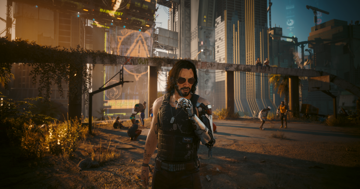 Johnny Silverhand (Keanu Reeves) smoking a cigarette in Dogtown in Cyberpunk 2077: Phantom Liberty
