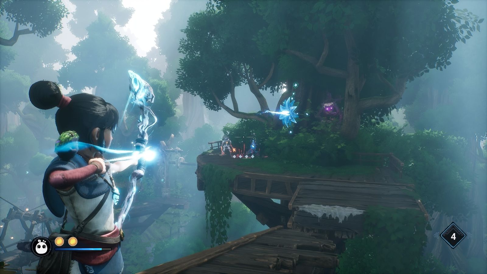 Kena pointing Bow at enemies on the third God Tree platform.