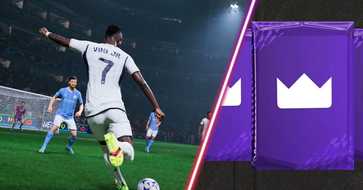 EA Sports FC 24 Vincius Jr taking shot and purple Prime Gaming pack on black background