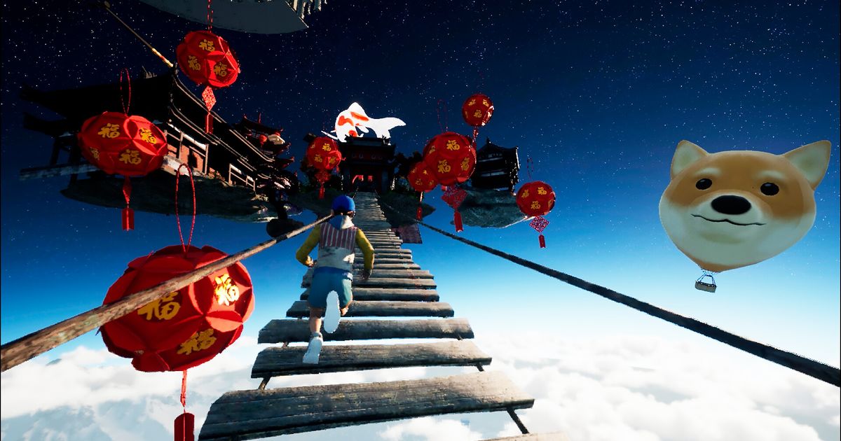 Only Up boy on rope bridge in space with chinese balloons and shiba inu balloon