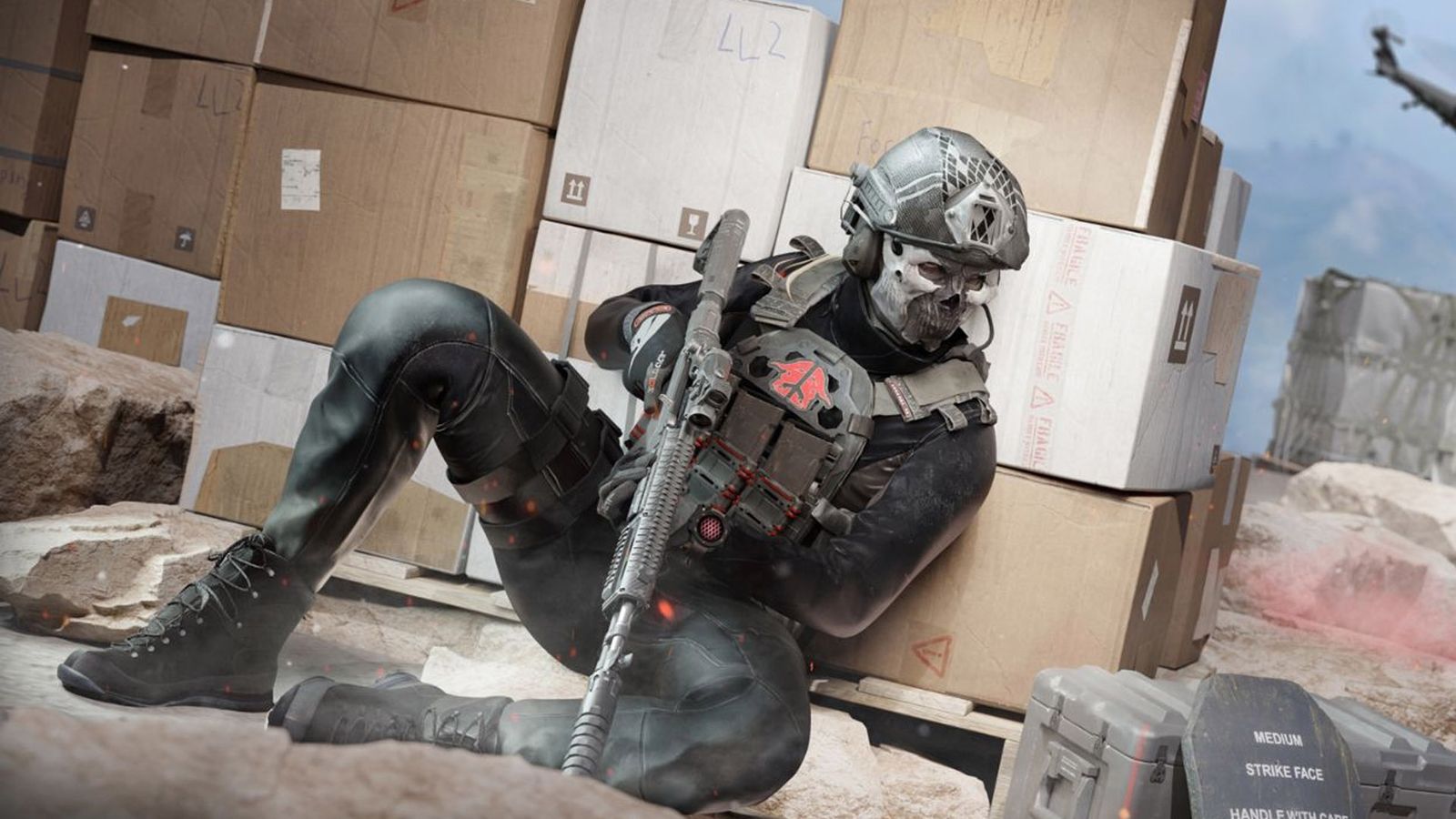 Warzone player taking cover next to boxes