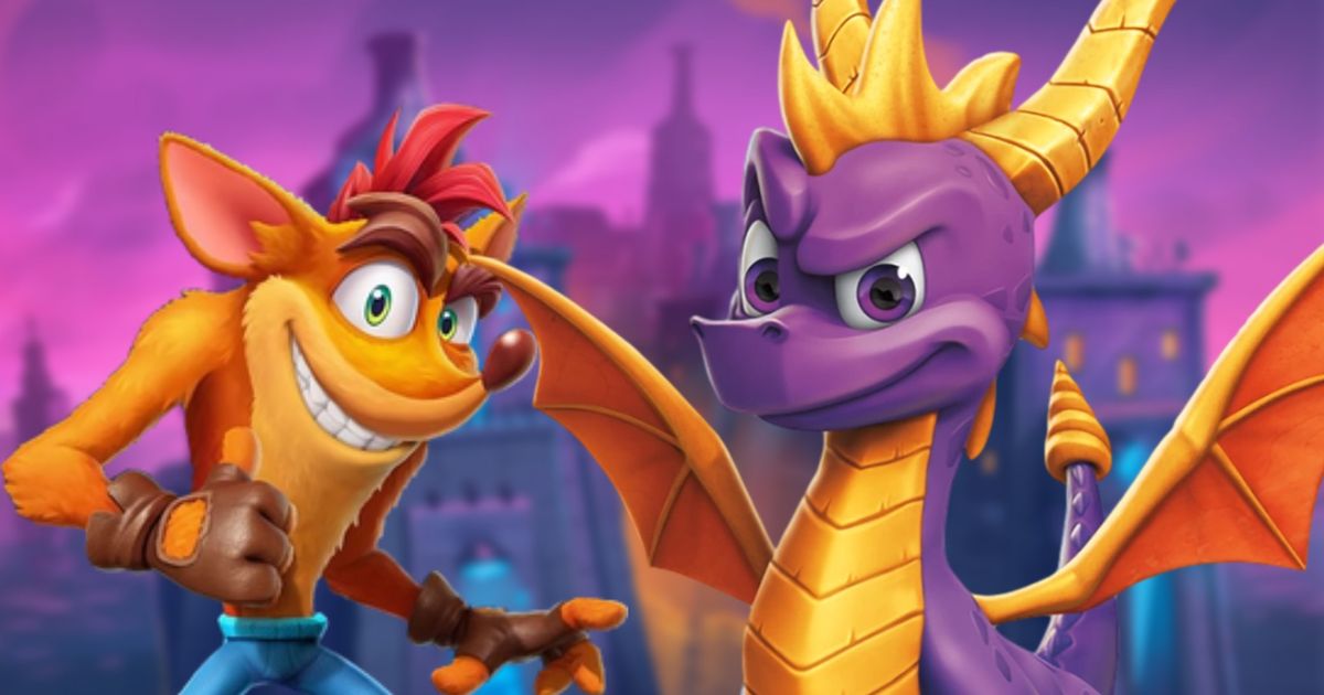 Crash Bandicoot and Spyro the Dragon in front of a mystical evil castle