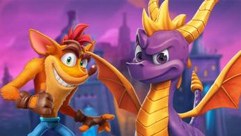 Crash Bandicoot and Spyro the Dragon in front of a mystical evil castle