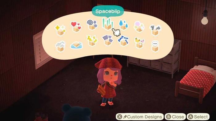 Animal Crossing New Horizons Happy Home Paradise Polishing Effects Menu. The menu shows all 14 effects available and the spaceblip effect has been selected.