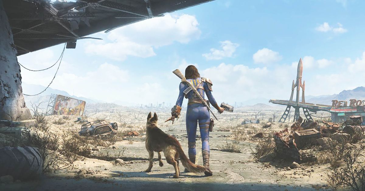 Fallout 4 player standing next to dog with wasteland in background