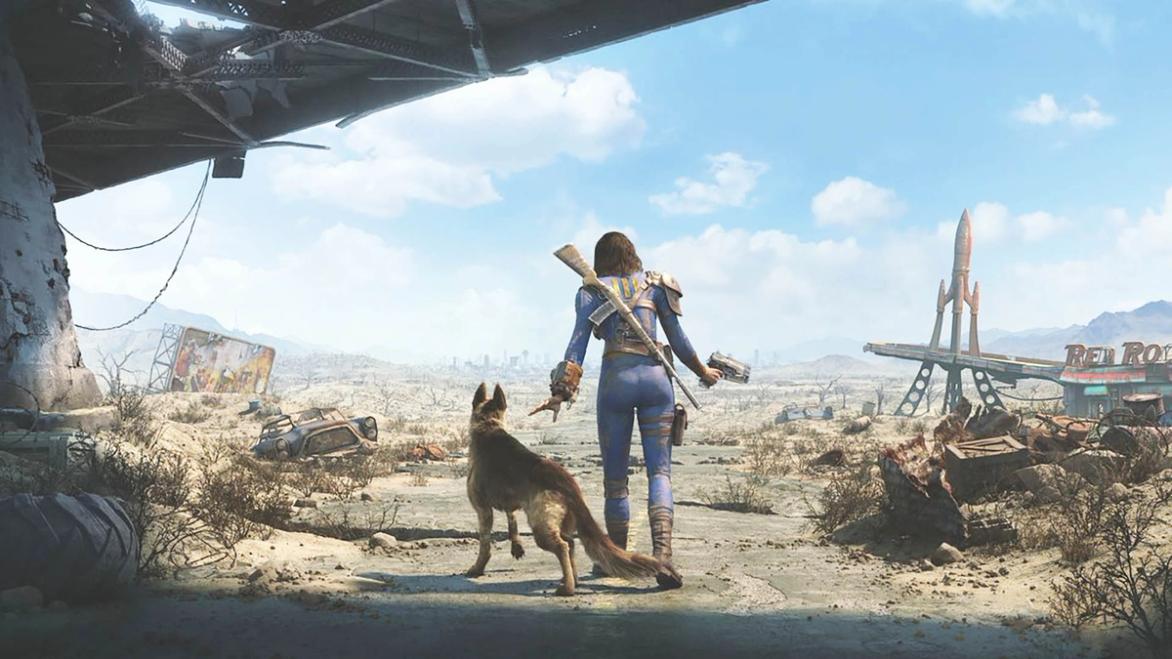 Fallout 4 player standing next to dog with wasteland in background