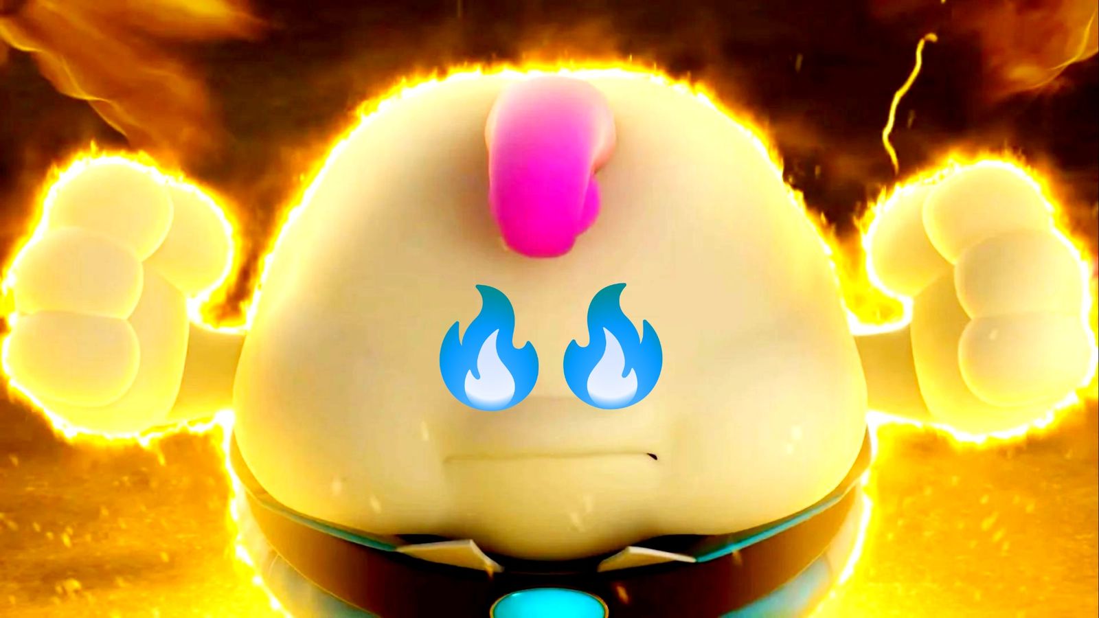 Super Mario RPG Mallow with flaming blue eyes surrounded by energy