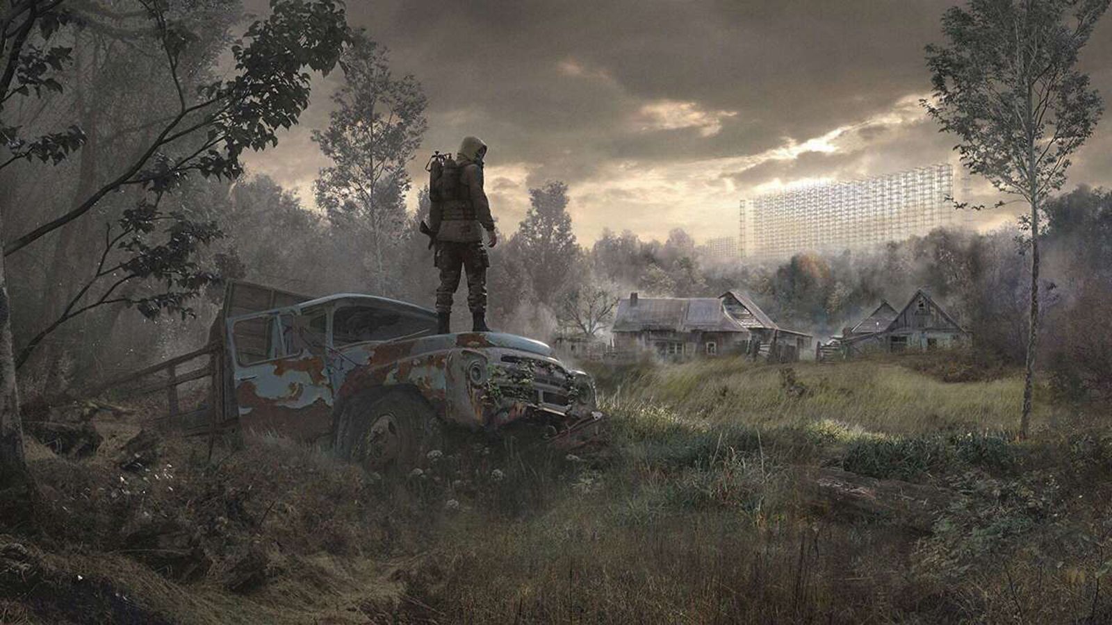 STALKER 2 player standing on top of rusty car