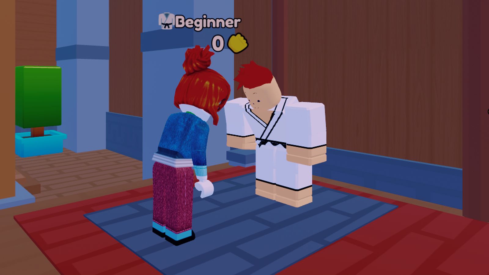 Two Roblox characters with red hair bow to each other on a blue dojo mat.