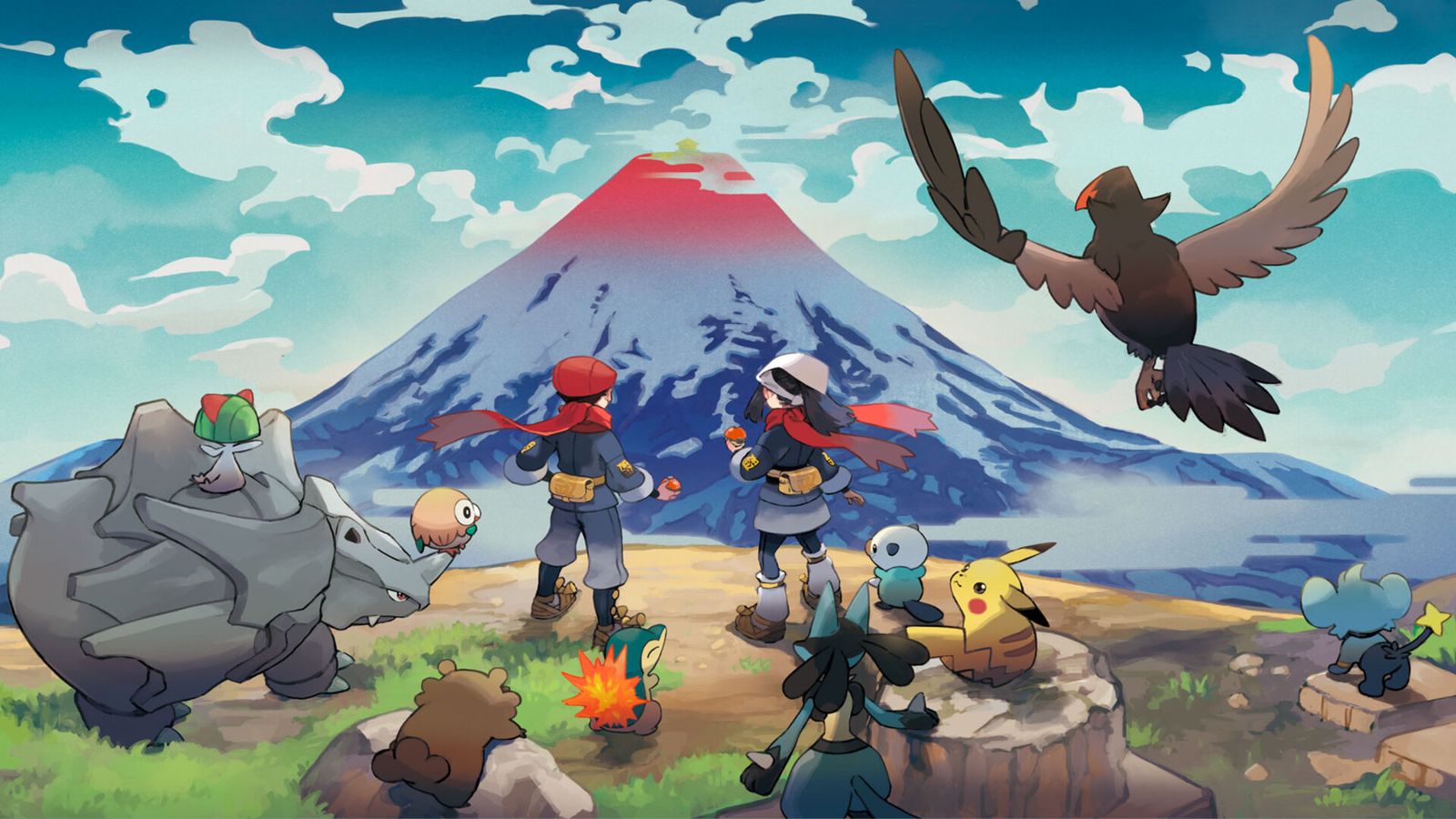 Cover art for Pokemon Legends Arceus, featuring a group of pokemon and trainers looking at a volcano.