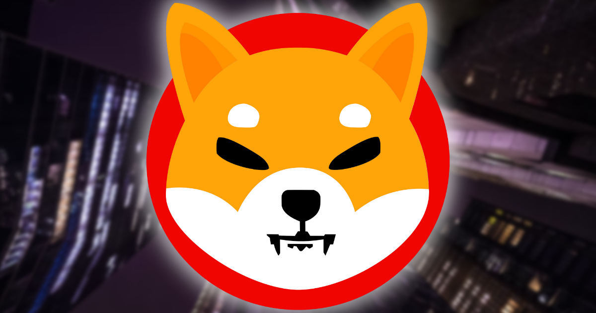 Shiba Inu Coin logo in front of skyscrapers at night.