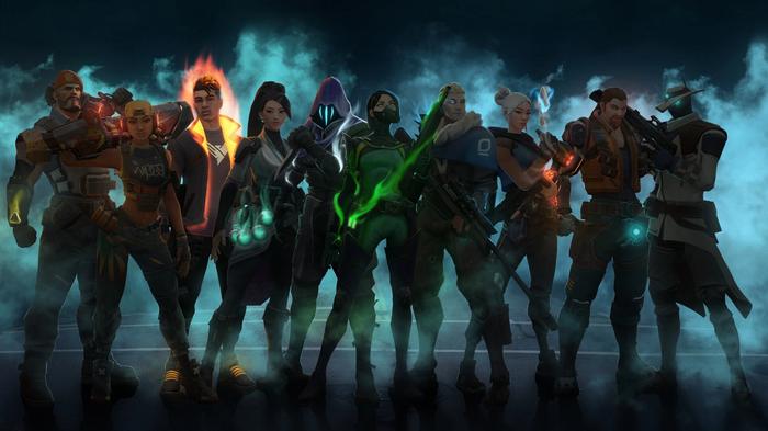 Ten Valorant Agents are shown. From left to right: Brimstone, Raze, Phoenix, Sage, Omen, Viper, Sova, Jett, Breach, and Cypher.