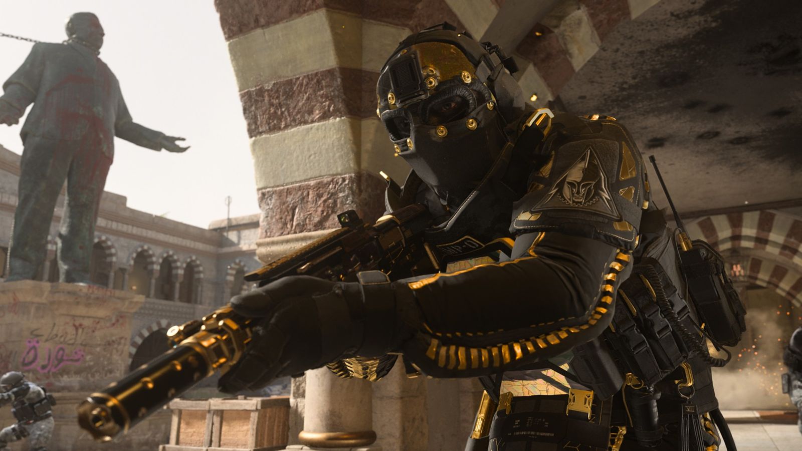 Screenshot of Warzone player carrying a gold gun with a statue covered in red paint in the background