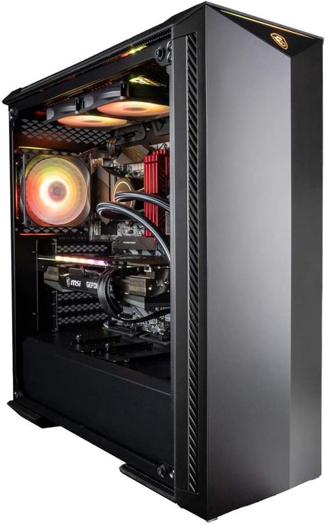 MSI CUK Aegis RS product image of a black PC with a clear side panel showcasing internal components.