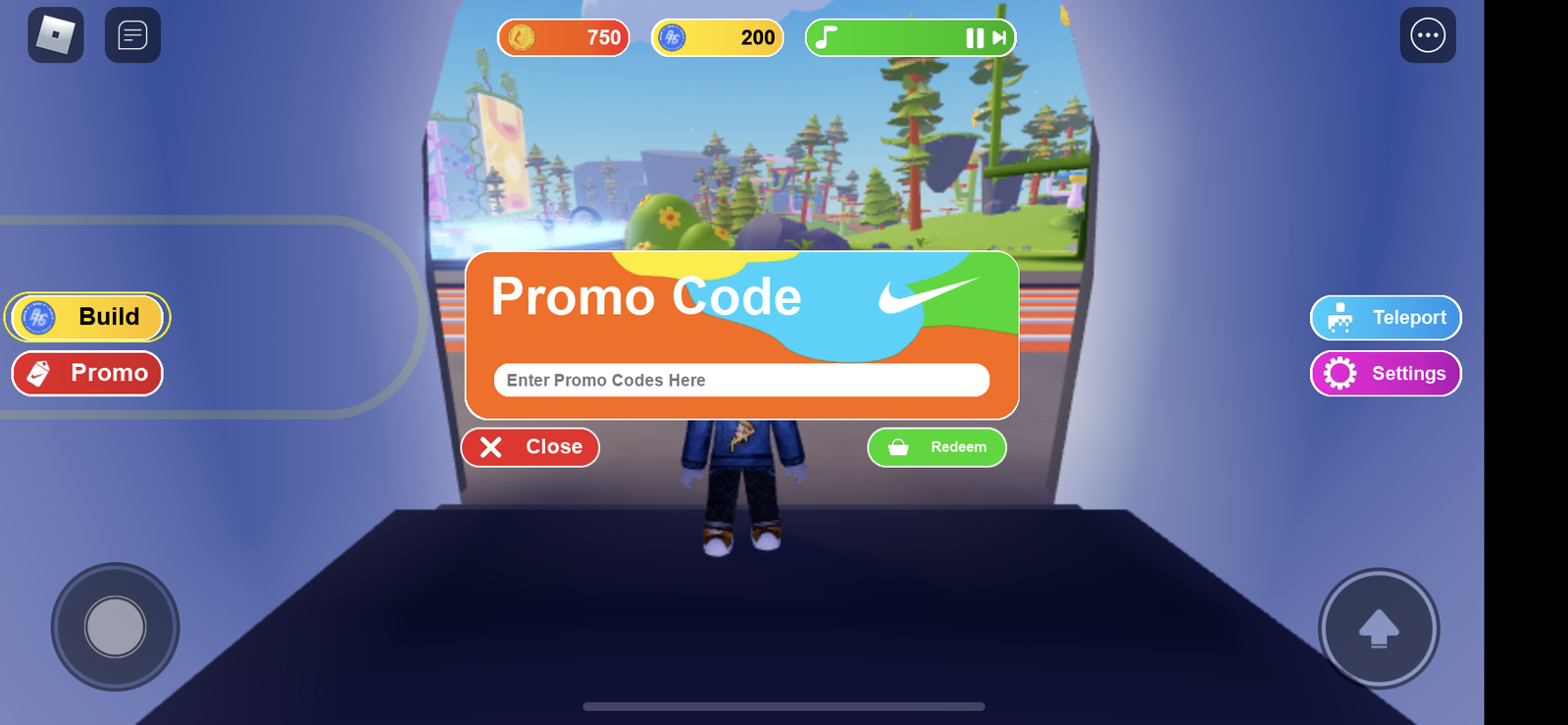 Screenshot from Nikeland, showing the code redemption screen with a text box and a Redeem button