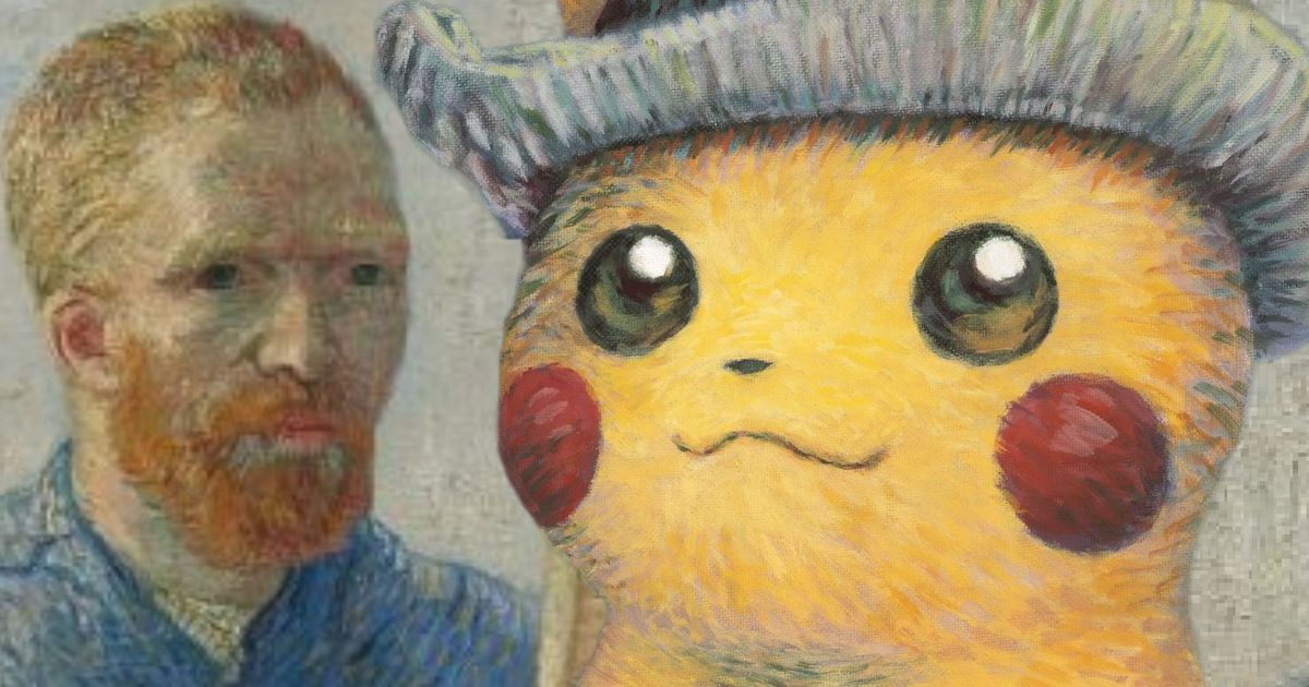 Vincent Van Gogh next to the Pokémon Pikachu in felt Hat inspired by his paintings 