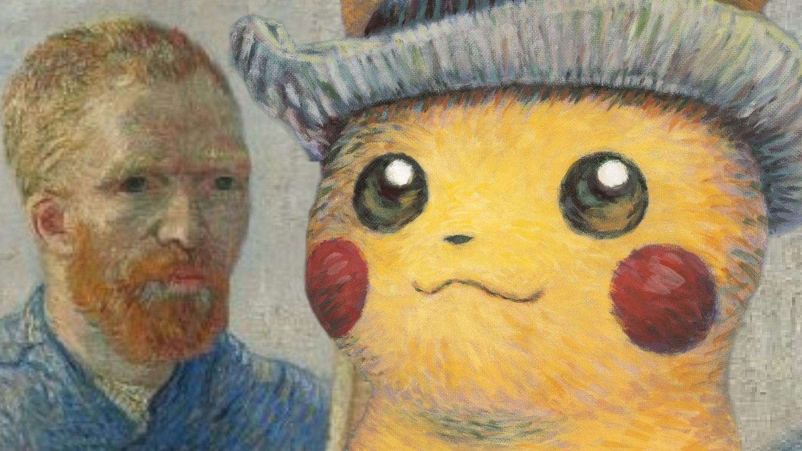 Vincent Van Gogh next to the Pokémon Pikachu in felt Hat inspired by his paintings 