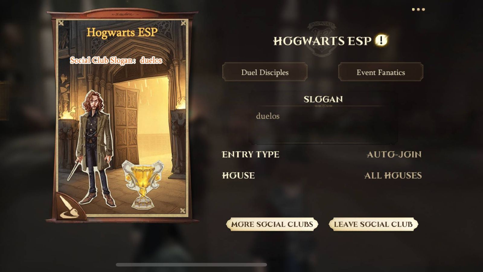 The social club menu in Harry Potter Magic Awakened.